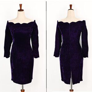 80s/90s Purple Velvet ROBERTA Scalloped Off The Shoulder Long Sleeve Dress